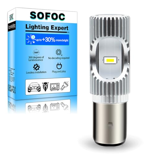 【2000+LM 300% Più Luminosa & Anabbagliante/Abbagliante】La lampadina SOFOC BA20D S2 eroga oltre 2000 lumen, tre volte più luminosa delle lampadine alogene standard. La sua luce bianco freddo puro 6500K con design anabbagliante/abbagliante offre un'illuminazione notevolmente più chiara rispetto alle alternative alogene.