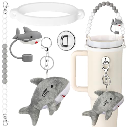 Kenning 5 Pcs Silicone Cup Accessory Set Compatible with Stanley Cup, Including Silicone Beaded Bottle Strap, Keychain, Straw Cover, Rubber Ring, Metal Hook for 8-40 oz Tumbler(Gray,Shark)