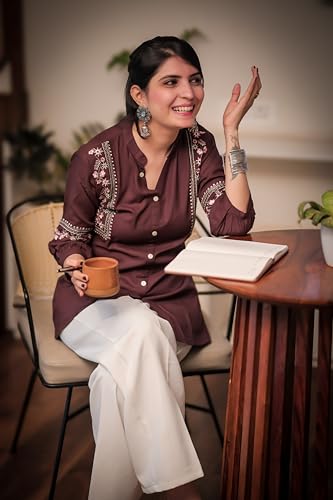 Image of Women's Viscose Rayon Embroidered A-Line Short Kurti Above Knee Regular Fit Tunic Top Office Wear Casual short kurti for women | office wear top | A-line kurti | raksha bandhan gift dress for women