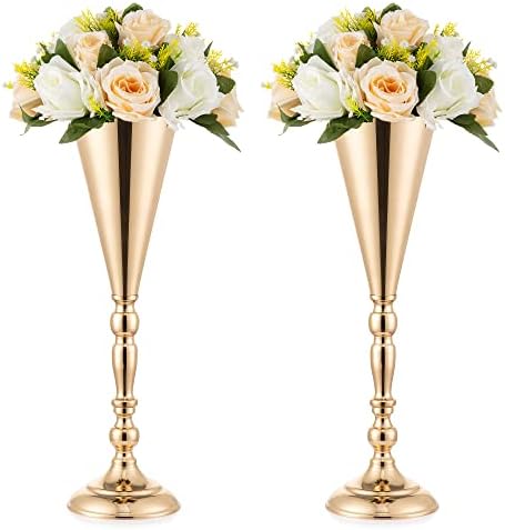 Gold Vase Centerpiece Table Decorations - 2 Pcs Metal Tabletop Flower Stand Wedding Decorations for Reception 36cm Trumpet Tall Flower Vase for Birthday Weddings Anniversary Party Ceremony Home Decor
