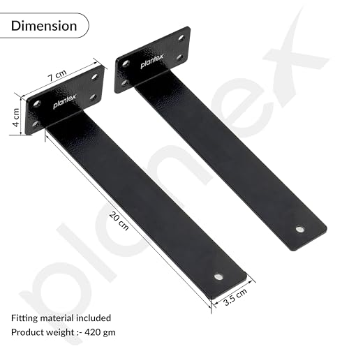 Image of Plantex 8 inch Heavy Duty Shelf Bracket /Wall Shelves Angle Brackets /GI Steel Shelf Bracket /Angles for wall Shelf - Pair of 1 (Black)