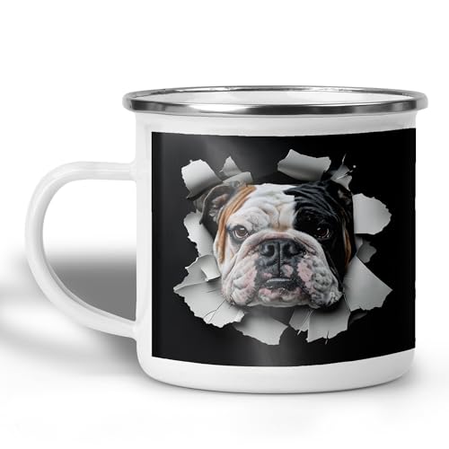 English Bulldog Face Wall Break Camping Mug, 12oz Coffee Cup for Outdoor Dog Fans, Realistic Pet Expression Enamel Campfire Cup, Black Background Metal Drinkware Gift for Animal Lovers