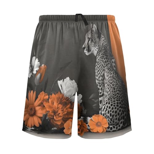 Mens Sleep Shorts Cheetah Floral, Elastic Pajama Pants Sleepwear with Pockets S