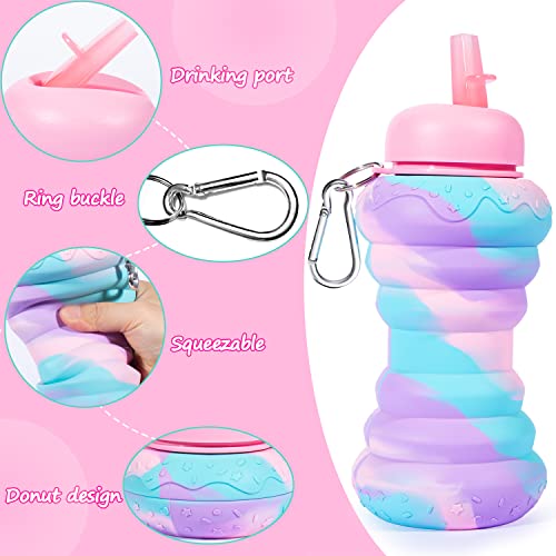Donut Collapsible Kids Water Bottles For School Girls 20Oz Bpa Free Leakproof Silicone Foldable Water Bottles For Student Toddler Sports Travel W/ Flip Spout, Birthday Gift For Girls Pink 600Ml #TOP4