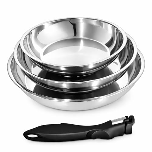 KLAUS Set de 3 poêles en inox haute qualité - Induction & four, Poignée amovible, Cuisson saine - 20/24/28 cm