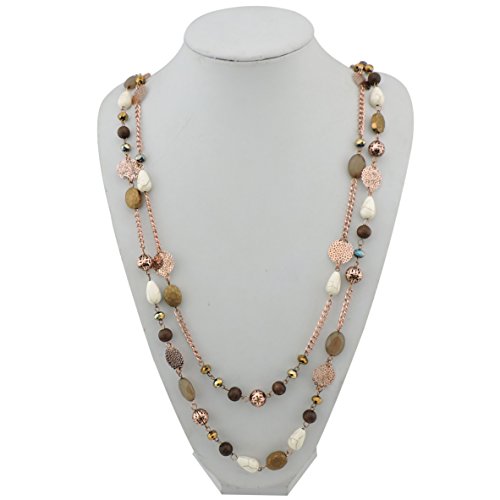 Bocar Link Chain 2 Layer Crystal Wood Acrylic Women Party Long Necklace Gift (Nk-10084-Brown) #TOP2