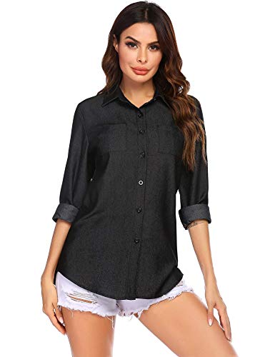 Hotouch Women's Long Sleeve Denim Shirt Button Down Tunic Top Long Jeans Blouse Black S