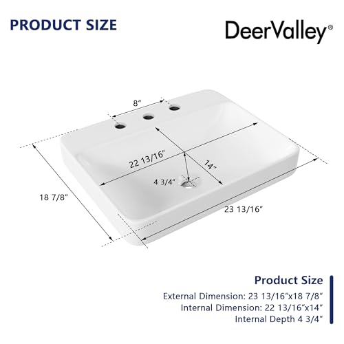 DeerValley 24x19 Inch Rectangular Drop-in Bathroom Sink, White Semi Recessed Vessel Sink with Overflow and Three Faucet Holes, Ceramic Vanity Basin, DV-1DS0121