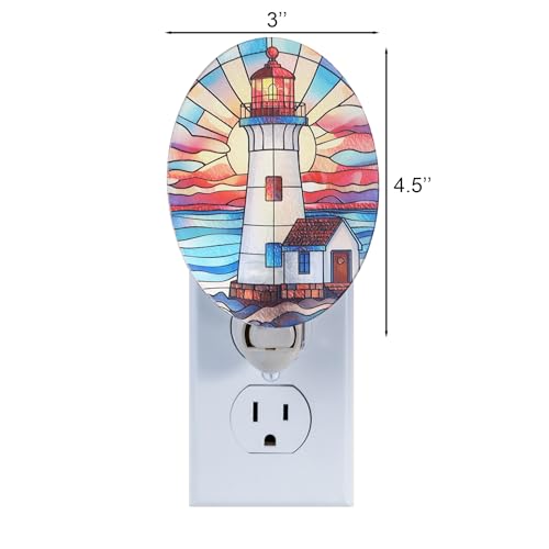 Image of Lighthouse Stained Glass Styled Night Light Plug in - Made with Real Glass, Bulb Included, On /Off Switch - Nautical Beach Theme Bathroom, or Beach House Accent Light Dawn Red Blue