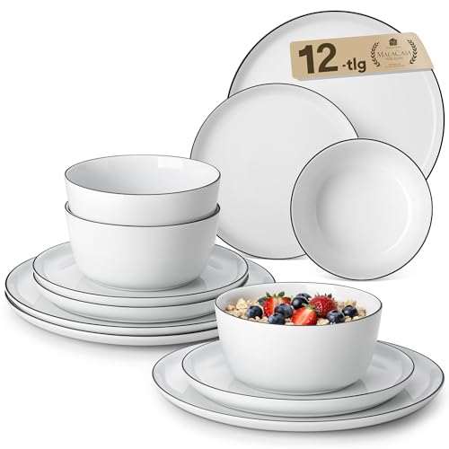 MALACASA 12 Pieces Gourmet Porcelain Dinnerware Sets, Premium Plates and Bowls Set, High-Fired Dishes Set for 4, Chip & Scratch Resistant, Microwave Dishwasher Safe, White & Black Rim, Series LEXI