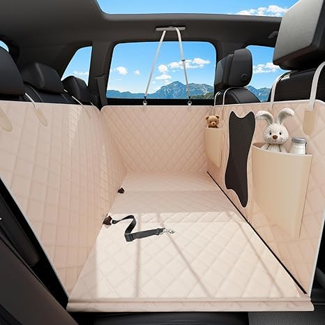 Image of Dog Car Seat Cover -Scratchproof Protector -Waterproof Backseat Cover for Cars -Nonslip Dog Accessories with Mesh Window-Universal Fit for Cars, Trucks, SUVs(Flat Bone Mesh, Beige)