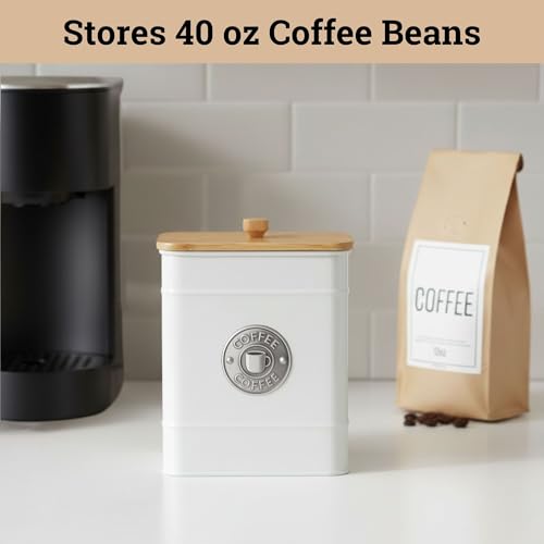 Airtight Coffee Canister - 40 oz Large Iron White Coffee Container Airtight - 6 x 8 inch Metal Jar - Stylish Countertop Container for Grounds, Beans, Pods & More with Rubber-Lined Bamboo Lid by HB Design Co. - Image 3