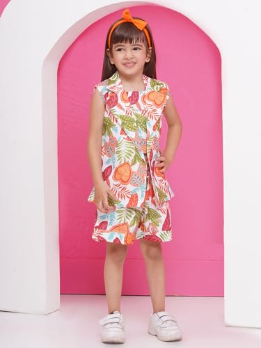 Image of AJ DEZINES Kids Clothing Floral Printed Pure Cotton Top Shorts With Jacket Cord Set for Girls
