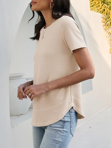Image of ANRABESS Womens Waffle Knit Tops Short Sleeve Crewneck Shirts Curved Hem Summer Dressy Casual Blouses Spring Fashion Clothing