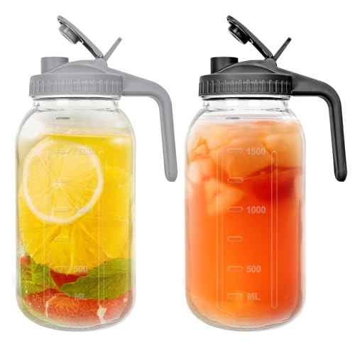 2 Pack 64 oz Glass Pitchers with Lid,2 Quart Sun Tea Glass Jars for Outside,Half Gallon Wide Mouth Mason Jar Pitchers with Convenient Handle and Leak-Proof Design for Ice Tea，Breast Milk，Iced Coffee by lilamacalla - Used condition - US$26.58