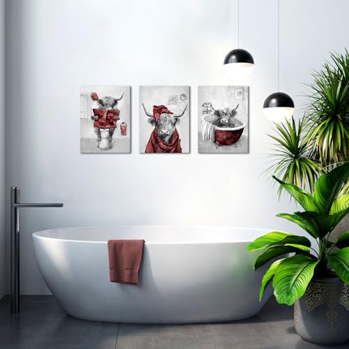 sechars Red and Grey Bathroom Decor Funny Highland Cow Wall Art Cattle Paintings Apartment Bathroom Hotel Decorations (Red) by sechars - Used condition - Image 5