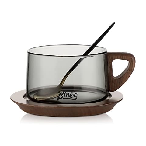 Bincoo Coffee Mug with Spoon and Wooden Coaster ,200Ml Borosilicate Glass Coffee Mugs for Cappuccino, Americano, Latte, Cereal, Milk, Ice Cream.Matching Gift Box (3 Set) Cover
