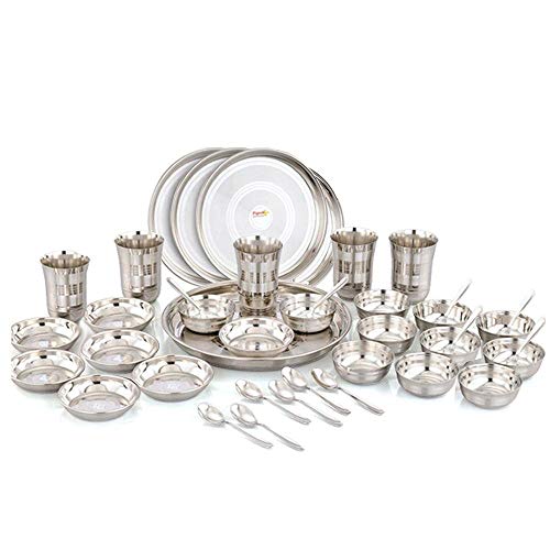 SNOWSTAR Stainless Steel Dinnerware Set – 6 Thali, 12 Katori, 6 Glass, 6 Halwa Plate, 12 Tea Spoon, Silver