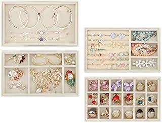 Casiwaft Jewelry Trays Organizer Set of 4, Velvet Stackable Jewellery Drawer Organiser Tray Earring Ring Necklace Bracelet, Jewelry Inserts Display Tray for Drawer, Beige