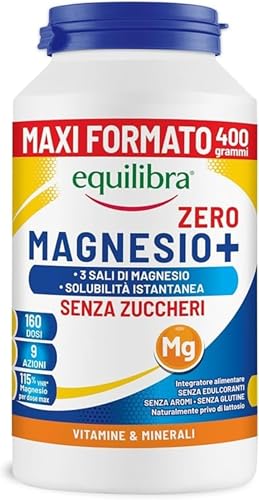 Equilibra, Magnesio Zero Zuccheri, Maxi Formato 400g in Polvere, Magnesio Bisglicinato, Pidolato, Carbonato, per Affaticamento, Funzione Muscolare, Solubile in acqua fredda, Vegan, Sapore Agrumato