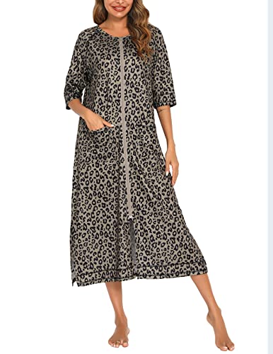 Image of Veseacky Women Robe Zipper Front House Coat 3 /4 Sleeve Nightgown Full Length Ladies Lounge Dress with Pockets S-XXL