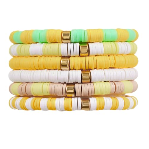 Image of COLORFUL BLING 6Pcs /Set Bohemia Heishi Clay Surfer Bead Stretch Bracelets Vinyl Disc Polymer Stackable Layering Bracelet Set Preppy Summer Beach Jewelry for Women
