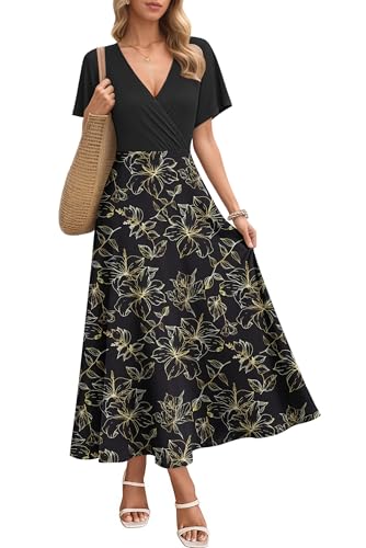 AUSELILY Robe Maxi Femme été 2026 - Robe d'Été Élégante à Manches Courtes Lâches avec Poches et Col V Robe Longue Vacances Plage Robe Femme Léger...