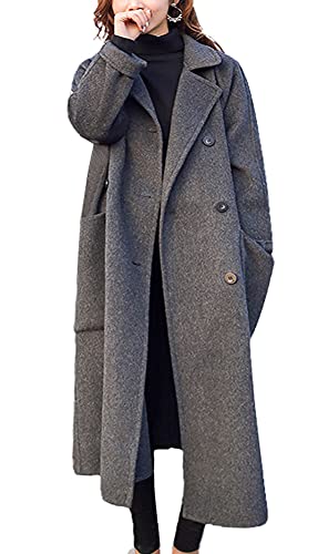 chouyatou Women's Slouchy Drop Shoulder Double Breasted Maxi Long Wool Pea Coat