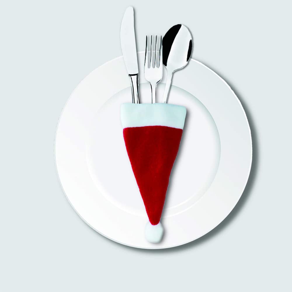 20 Portaposate Natalizi A Forma Di Mini Cappello Di Babbo Natale - Decorazione Tavola Natale Per Forchette E Cucchiai