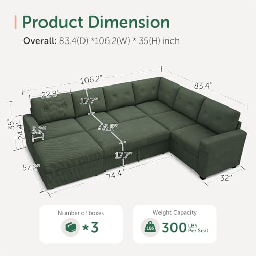 Image of HONBAY 106.2 Inch U-Shaped Sectional Sleeper Sofa with Pull-Out Bed & Storage Ottoman, 7-Seater Sectional Sofa for Living Room, Pet-Resistant Corduroy Couch, Green