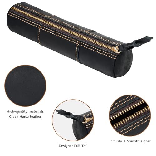 Image of ECHSRT Genuine Leather Pencil Pouch, Slim Cylinder Vintage Pen Bag, Black | Full-Grain Cowhide Leather, Crazy Horse Finish, Slim Cylinder, Single Zipper, Vintage Pen Organizer for Adults