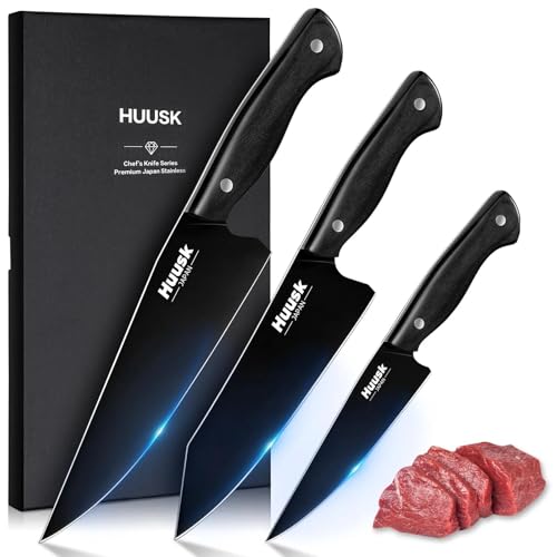 Image of Huusk Japanese Chef Knife Set for Kitchen - 3 pcs Black Kitchen Knife Set with Titanium Coating, Stainless Cutting Knives Sets, Professional Cooking Knives for Vegetable Fruit Meat, Christmas Gift Men