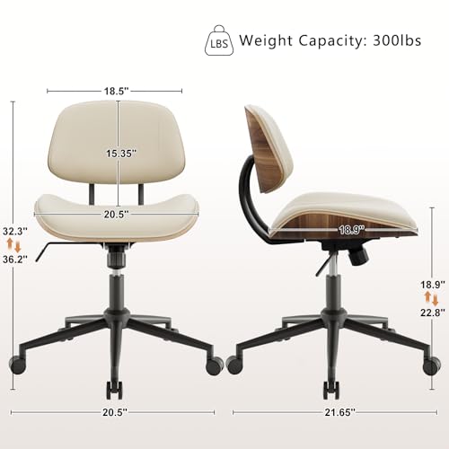 Image of Armless Office Chair with Wheels, PU Leather Adjustable Height Desk Chair - 360 Swivel Ergonomic Computer Chair for Small Space, Modern Walnut Style, Home & Meeting Room, Beige