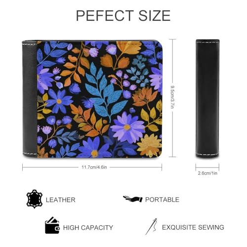 Abstract Floral Motif Blue Leaves Soft PU Leather Bifold Wallet, Coin Purse Credit Pass Case, Durable Card-Holder Slim Billfold for Men Woman Money Storage2