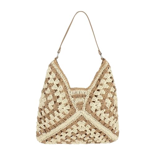 Image of Straw Hobo Bags for Women Vintage Straw Tote Bag Summer Beach Shoulder Bag Designer Beach Bag Summer Handbag (Khaki-adjustable Strap)