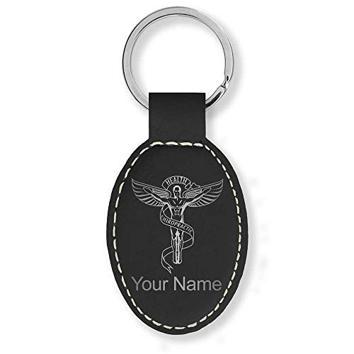 LaserGram Oval Keychain, Chiropractic Symbol, Personalized Engraving Included (Black with