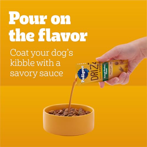 Image of Pedigree Drizzlers Savory Sauce Wet Dog Pouch, Turkey Flavor, 22 Count | Only 4 calories per serving, 8 ingredients, dual-serving split pouch, no artificial flavors, maintains kibble crunch