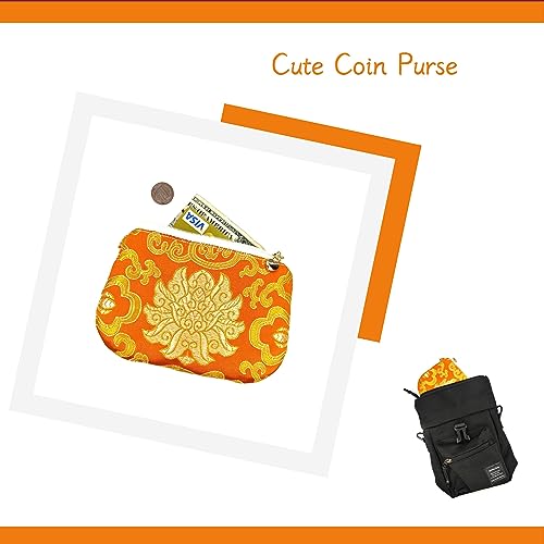 Image of Exquisite Handmade Silk Zipper Jewelry Pouch with Wristlet Strap | Women's Coin Purse Brocade Wallet for Makeup and Gifts, Orange