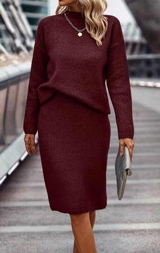 Image of Women 2 Piece Knit Sweater Skirt Set Midi Sweater Dress Long Sleeve Pullover Bodycon Knitted Skirt Set Outfit