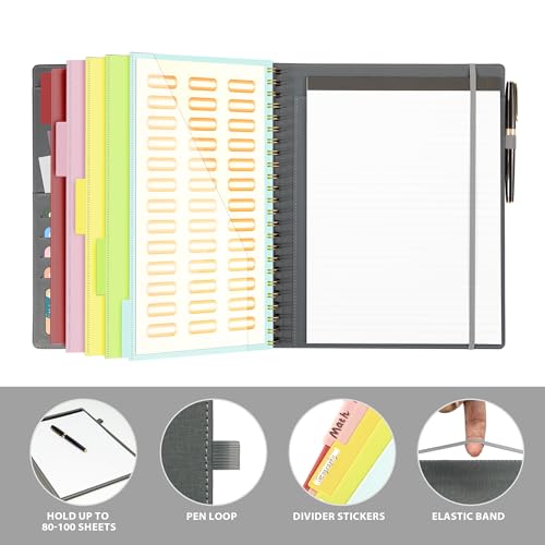 Image of Ospelelf Clipboard with Storage for Men Women, Leather Padfolio Portfolio Organizer 5 Folders with 10 Pockets, Spiral Clipboard Folio with Notepad for Letter Size, Elastic Closure and Pen Loop Grey
