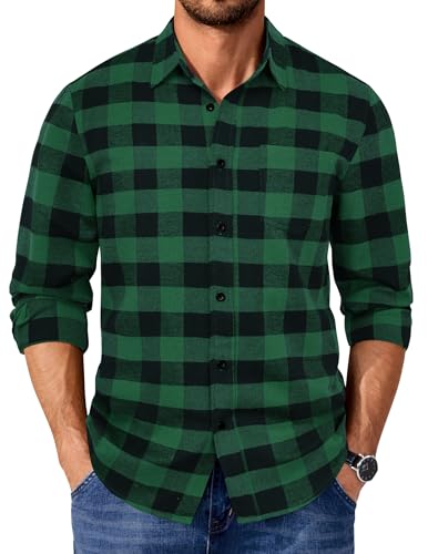 COOFANDY Camisa Hombre Manga Larga a Cuadros Camisa de Franela Casual Estilo Leñador con Bolsillo Regular Fit Negro Verde L
