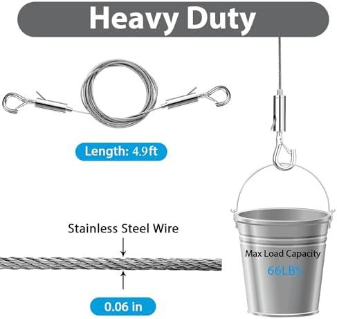 4PCS Multi-Purpose Picture Hanging Wire Kit,4.9FT Adjustable Heavy Duty Stainless Steel Rope for Hanging Lighting,Mirrors,Frames,Flower Pots,Signage,Curtains and Clothing,Hold Up to 30kg