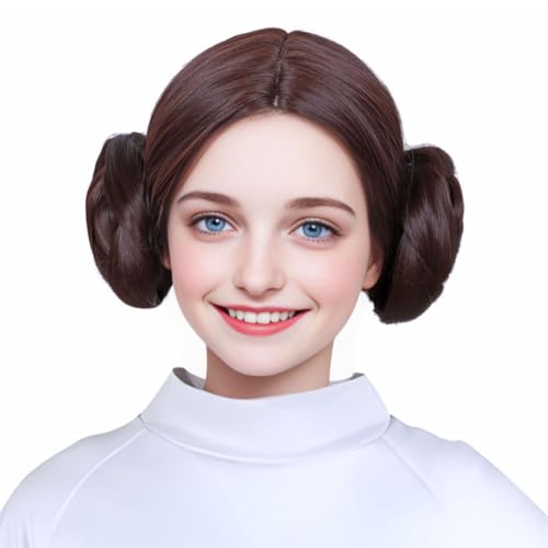 Fantalook Short Brown Cosplay Wig With 2 Buns For Women Halloween Costume cover