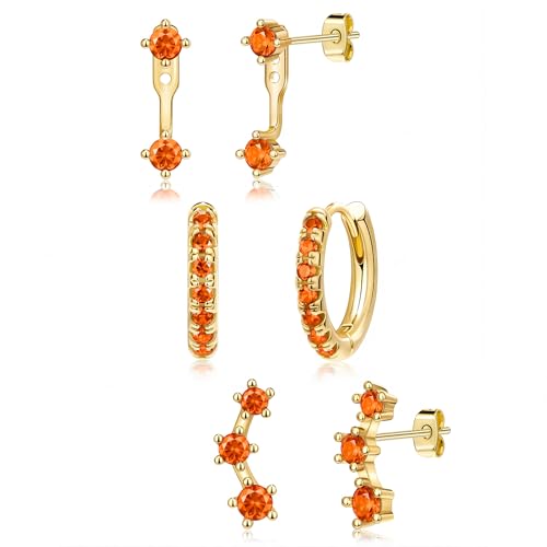 Gold Orange Earrings Set for Women Star Small Cute Jacket Stud Huggie Hoop Earring Stack for Multiple Piercing July Birthstone Trendy