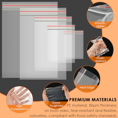 POUMUE 1000 Druckverschlussbeutel, 5 Größen Plastikbeutel Verschließbar, Transparent Zip Beutel, Wiederverschließbare Tütchen mit Druckverschluss, PE Polybeutel Zip Bags Plastikbeutel Verschließbar