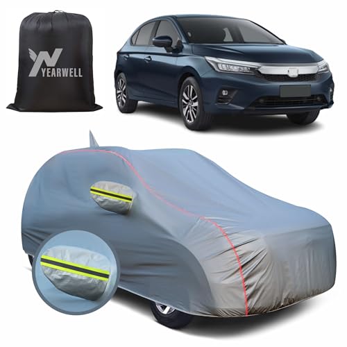 Image of Car Body Cover for Honda City i-VTEC, 100% Waterproof, Heat-Resistant with Mirror & Antenna Pockets, Soft Cotton Lining, Triple Stitched, Green Reflector (Metallic Grey)