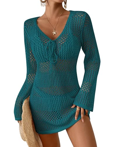 Image of Bsubseach Women Swimsuit Crochet Coverup Long Sleeve V Neck Beach Dress