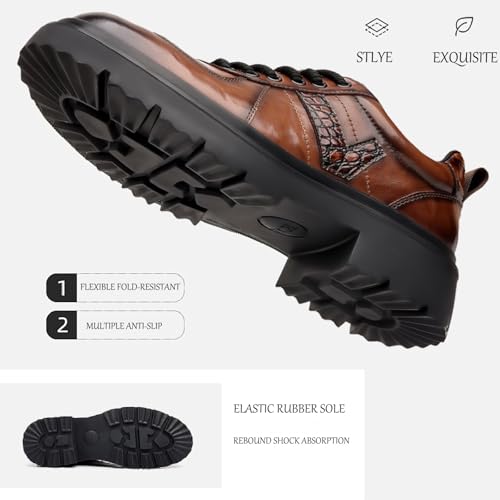 Men's Leather Platform Oxfords Comfort Handmade Round Toe Slip On Non-Slip Lug Sole Lace-Up Formal Derby Shoes Casual Business Work Office Wedding Tuxedo3