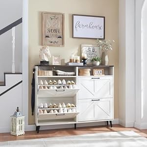 Shoe Storage CabinetFarmhouse Shoe Organizer with 4 Flip Drawers Barn Door DesignFreestanding Hidden Slim Narrow Shoe Rack with Open Shelves for EntrywayFoyerHallwayAntique White