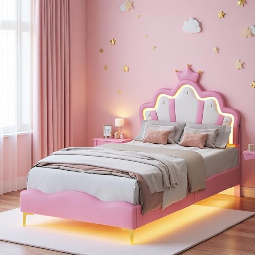 Zorvani Kinderbett 90x200 cm Polsterbett Mädchenbett, Prinzessin Bett mit Kronen-Kopfteil & LED-Beleuchtung, Einzelbett mit Lattenrost, Jugendbett, Höhenverstellbar, PU-Leder